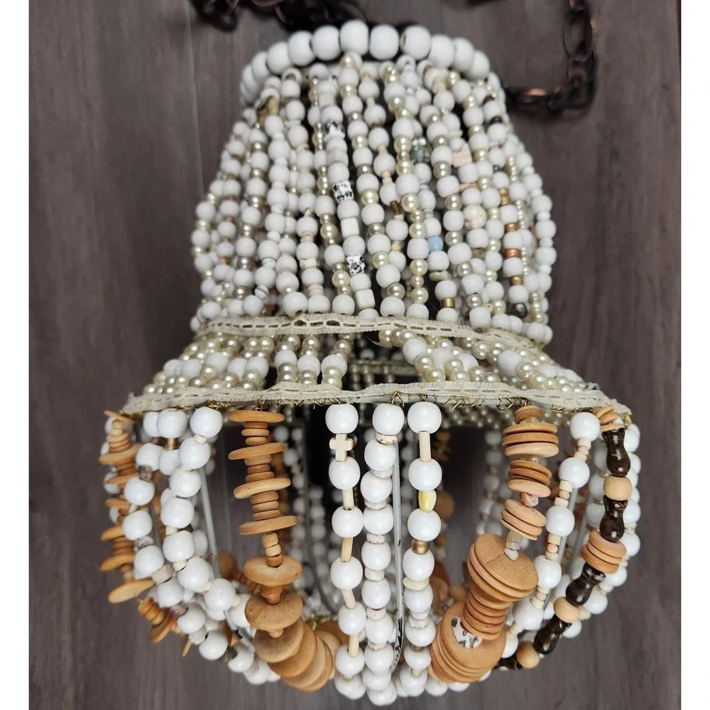 Vintage Boho Beaded Pendant Light Swag Lamp Wood Seashell Handcrafted Coastal‎